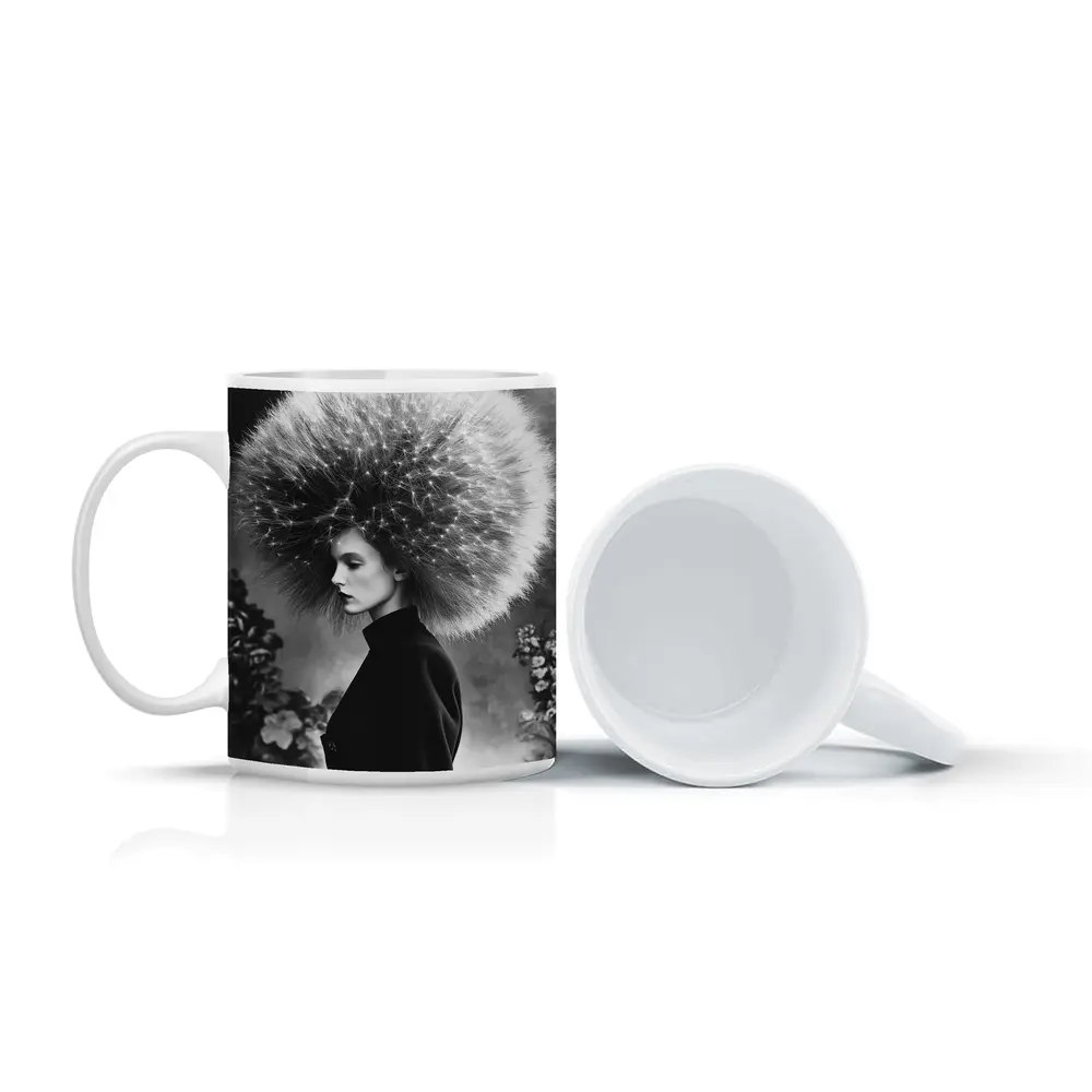 Woman Dandelion Head Black White Surreal Portrait – Mugs