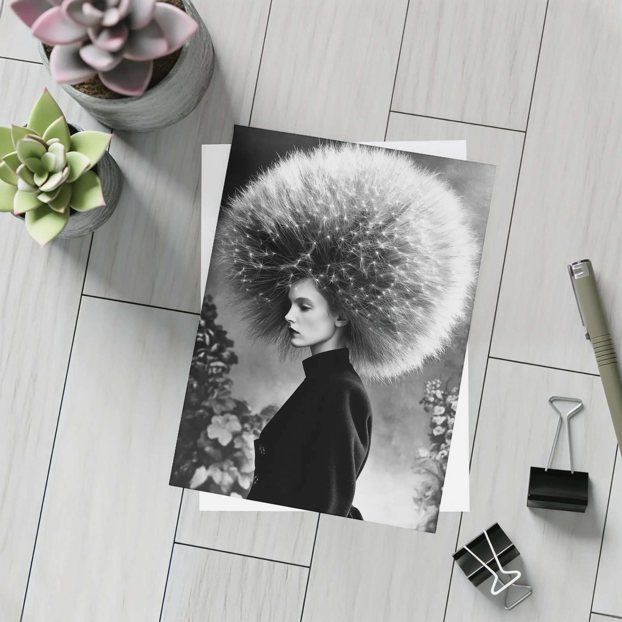 Woman Dandelion Head Black White Surreal Portrait – Postcards