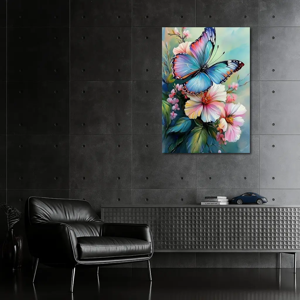 Blue Butterfly Pink Flowers Oil Painting – Wall Art