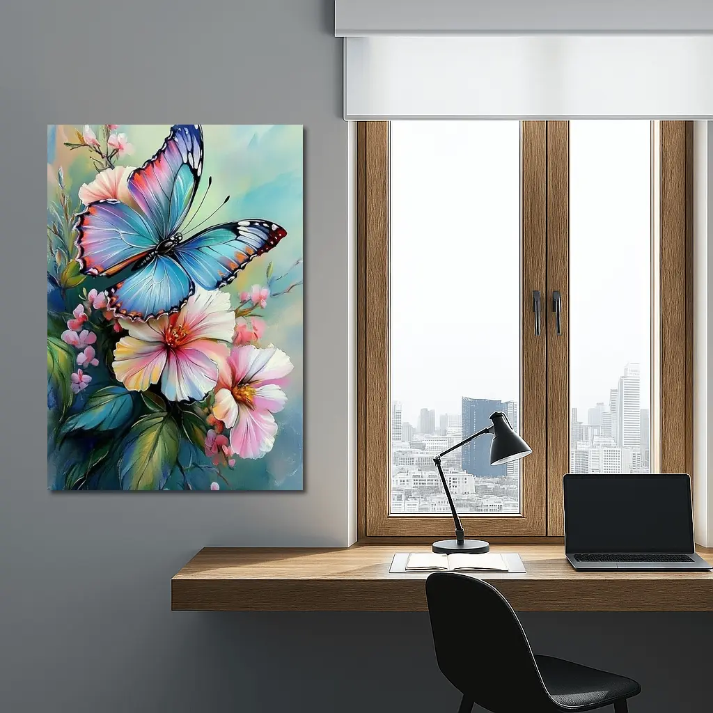 Blue Butterfly Pink Flowers Oil Painting – Wall Art