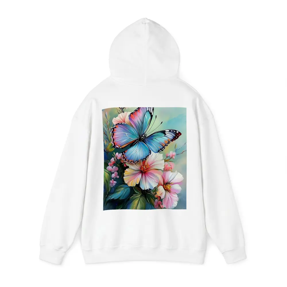 Blue Butterfly Pink Flowers Oil Painting – Hoodies
