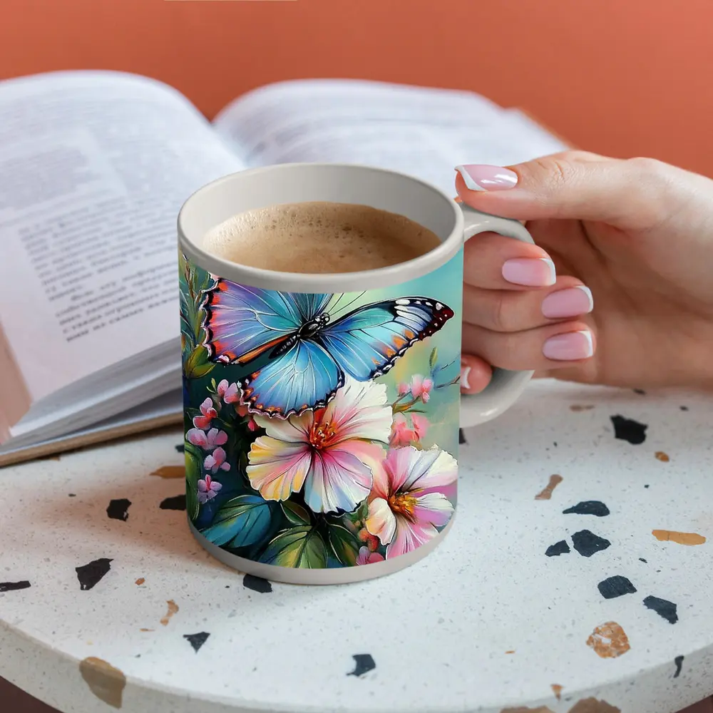 Blue Butterfly Pink Flowers Oil Painting – Mugs