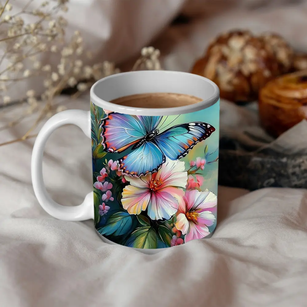Blue Butterfly Pink Flowers Oil Painting – Mugs