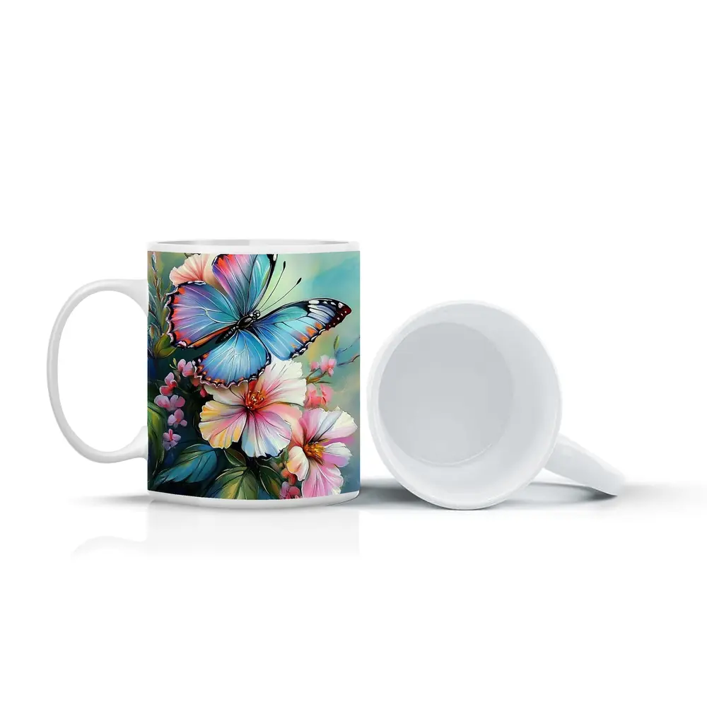 Blue Butterfly Pink Flowers Oil Painting – Mugs