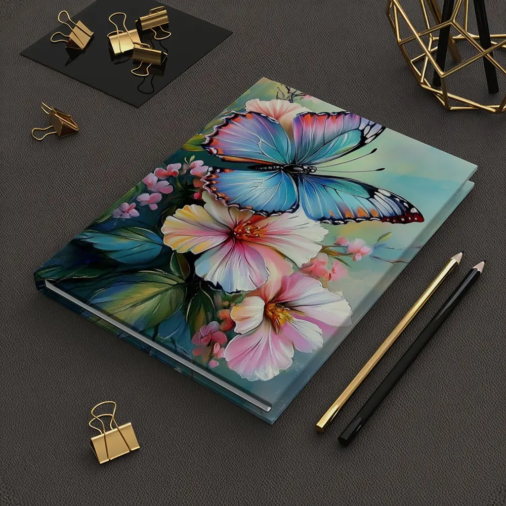 Blue Butterfly Pink Flowers Oil Painting – Notebooks