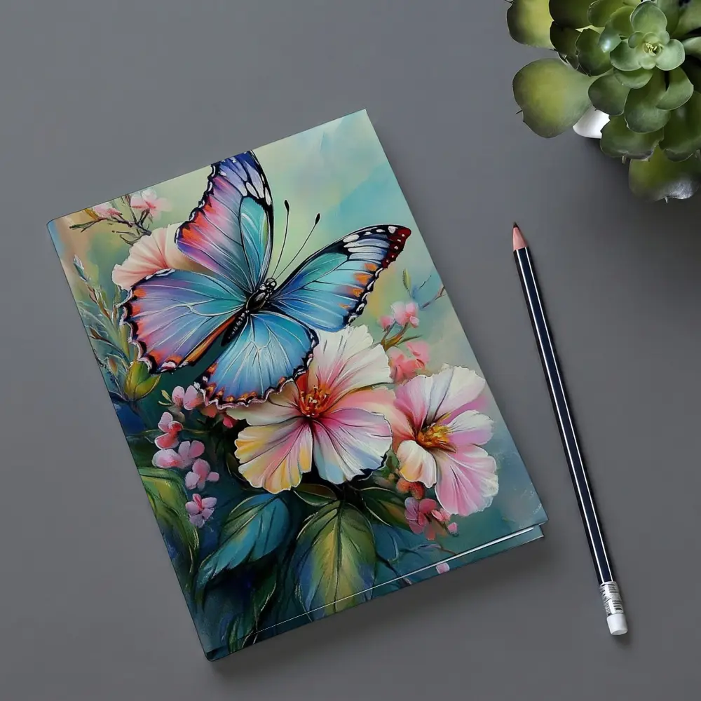 Blue Butterfly Pink Flowers Oil Painting – Notebooks