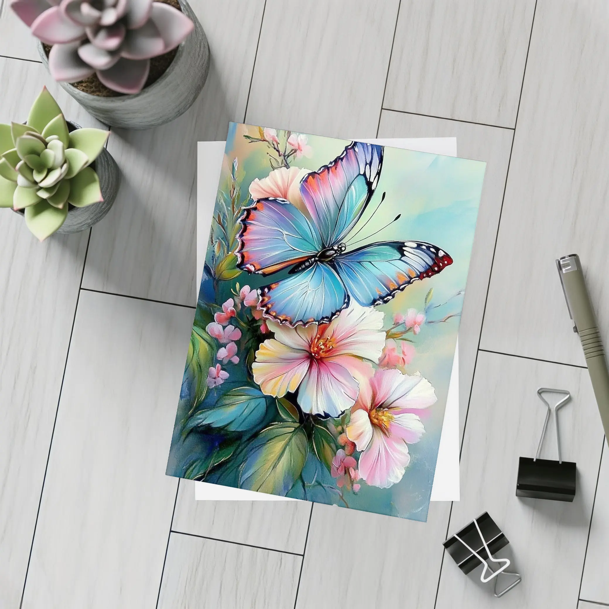 Blue Butterfly Pink Flowers Oil Painting – Postcards