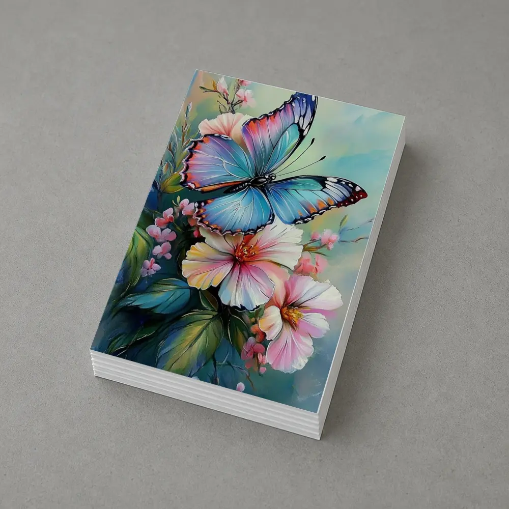 Blue Butterfly Pink Flowers Oil Painting – Postcards