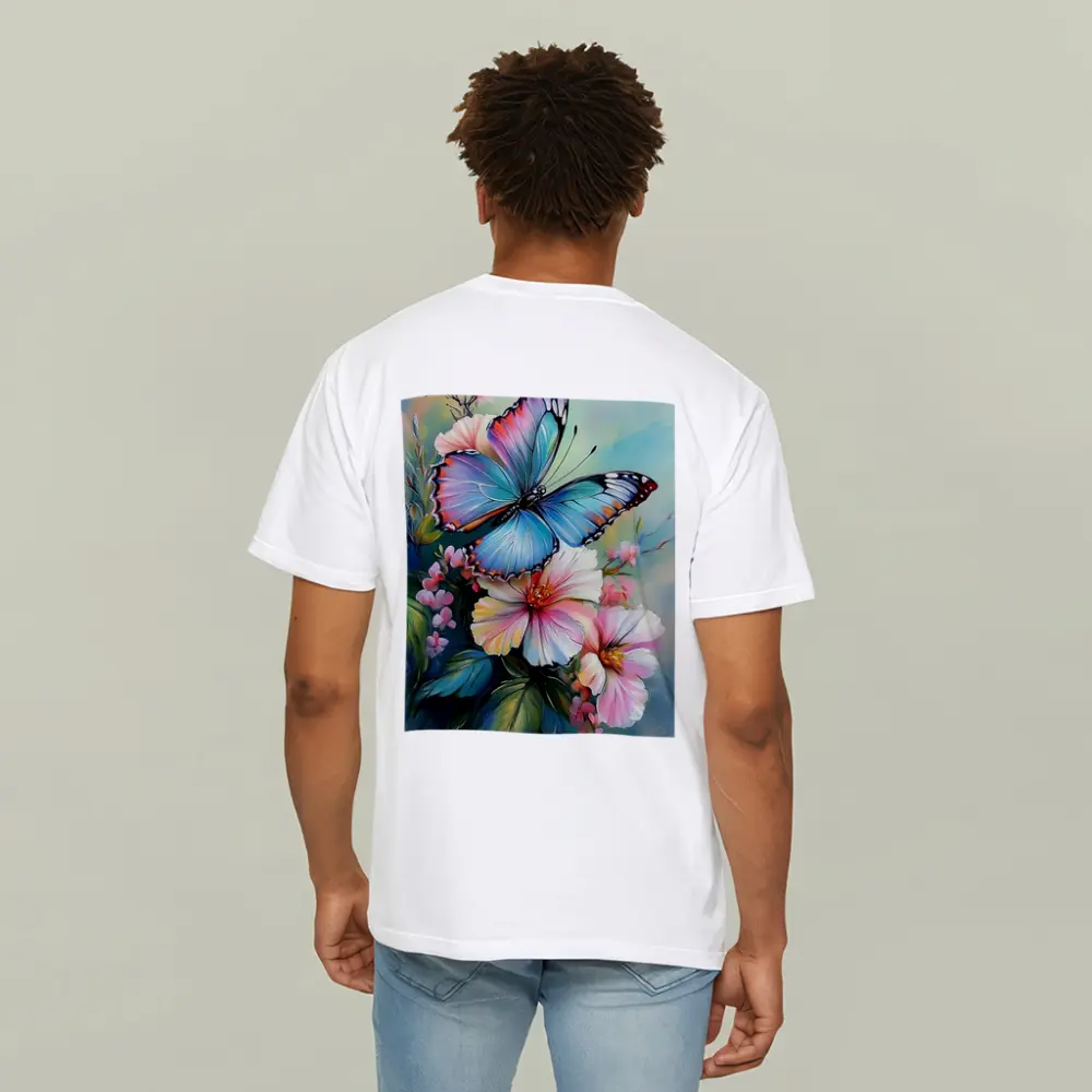 Blue Butterfly Pink Flowers Oil Painting – T-Shirts