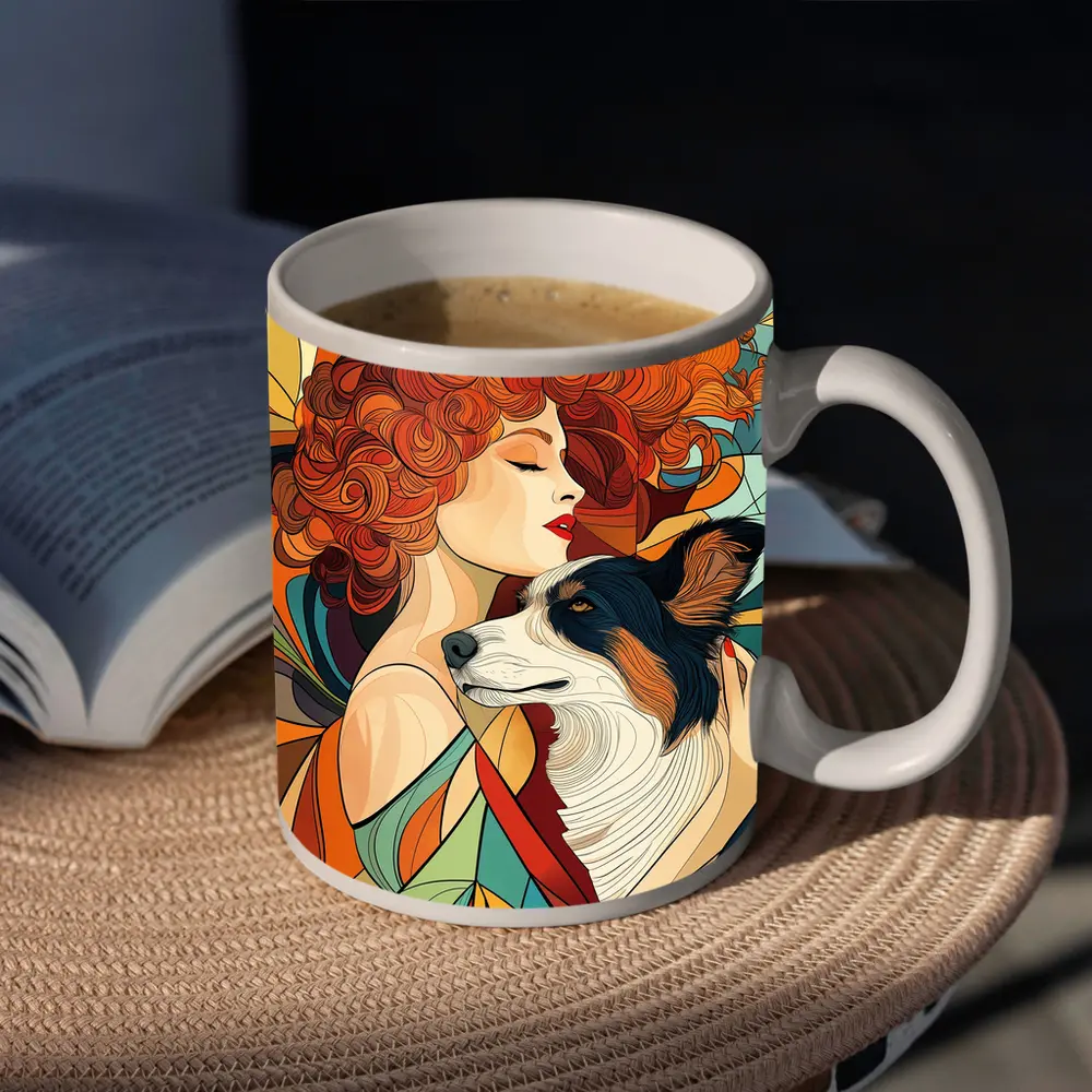 Woman With Border Collie Art Nouveau Style – Mugs