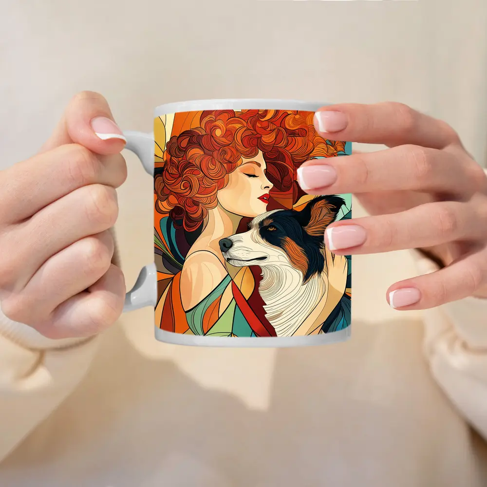 Woman With Border Collie Art Nouveau Style – Mugs