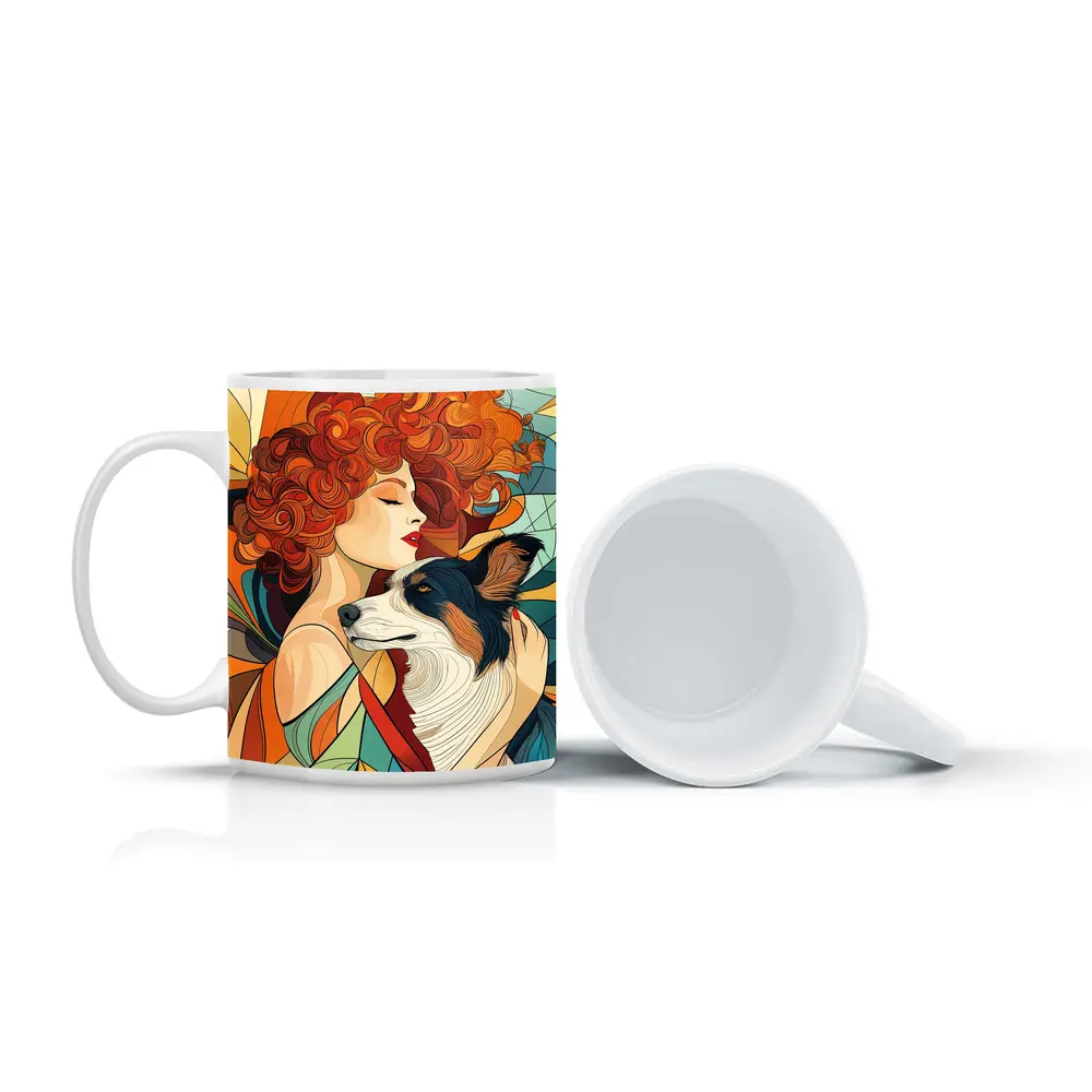 Woman With Border Collie Art Nouveau Style – Mugs
