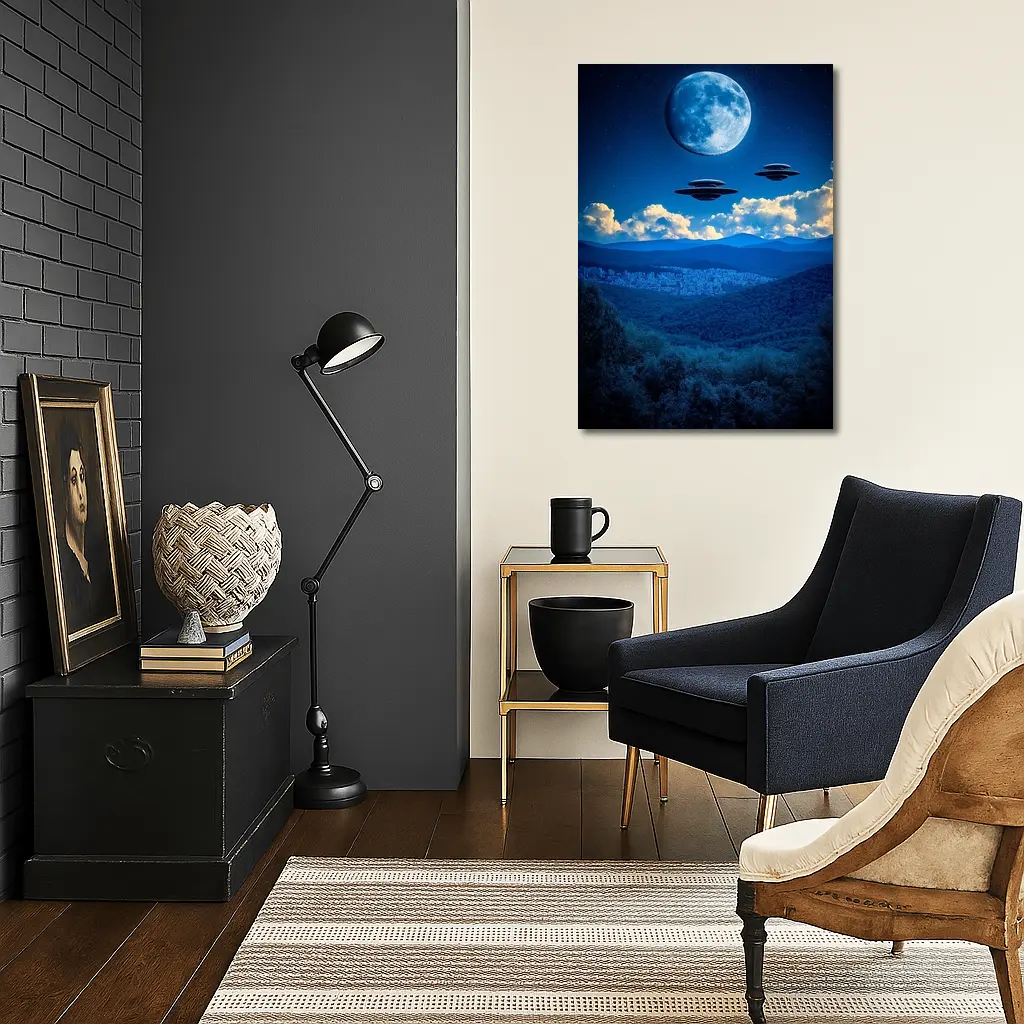 UFO Flying Saucers Over Moonlit Mountain Forest – Wall Art