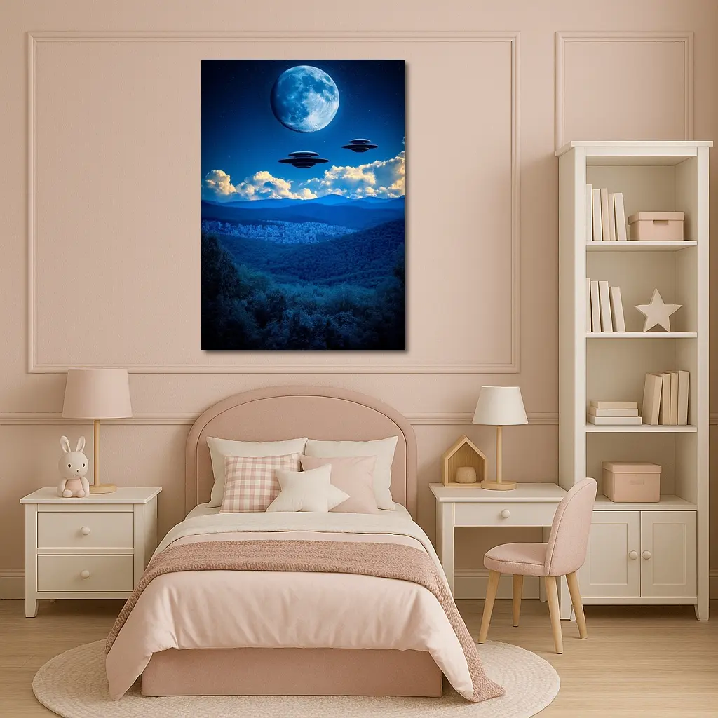 UFO Flying Saucers Over Moonlit Mountain Forest – Wall Art