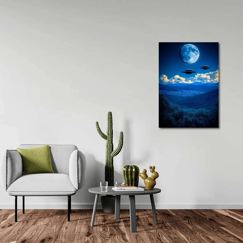 UFO Flying Saucers Over Moonlit Mountain Forest – Wall Art