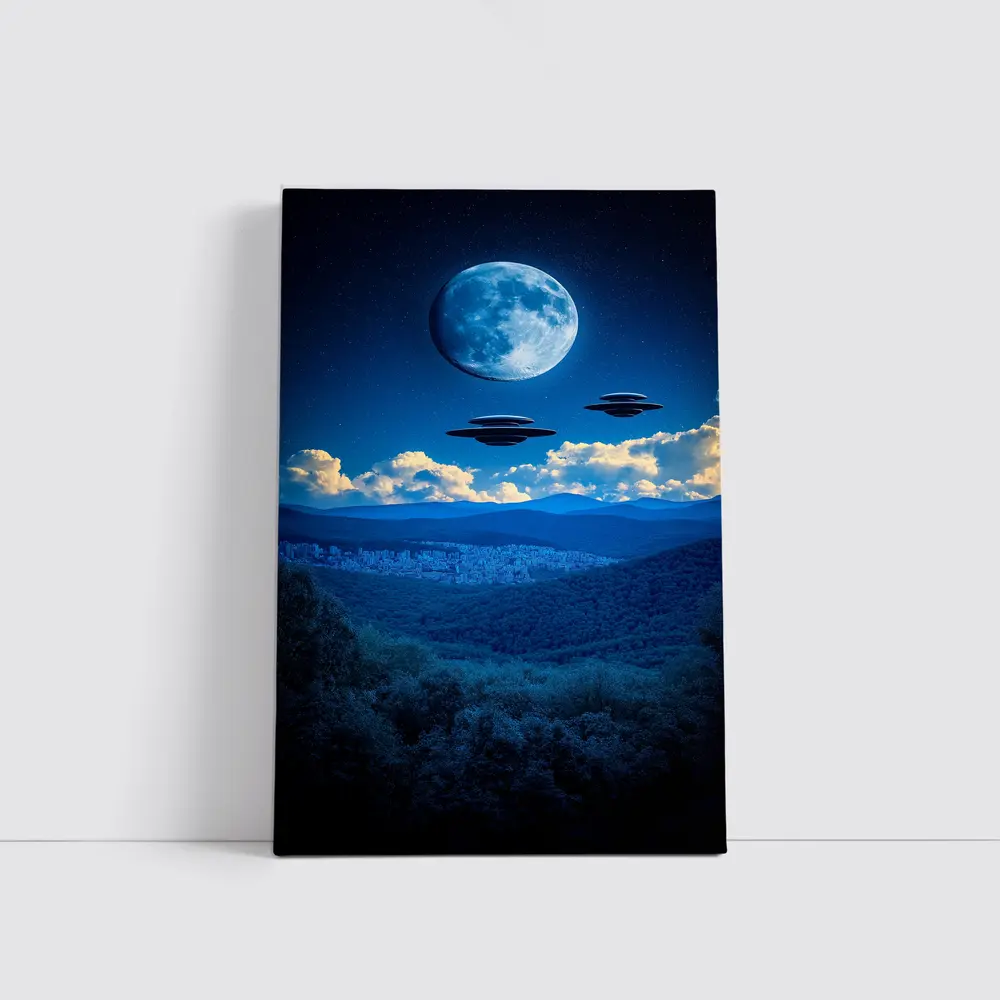 UFO Flying Saucers Over Moonlit Mountain Forest – Wall Art