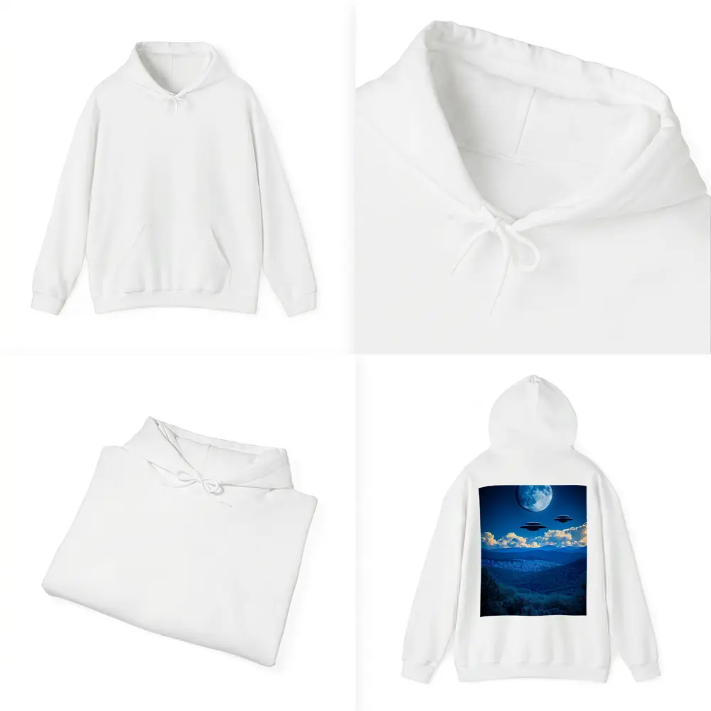 UFO Flying Saucers Over Moonlit Mountain Forest – Hoodies