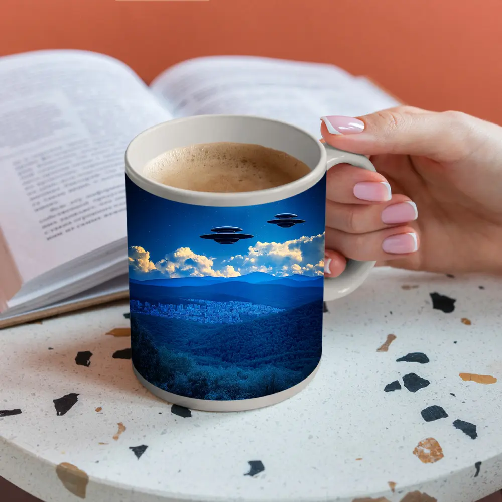 UFO Flying Saucers Over Moonlit Mountain Forest – Mugs