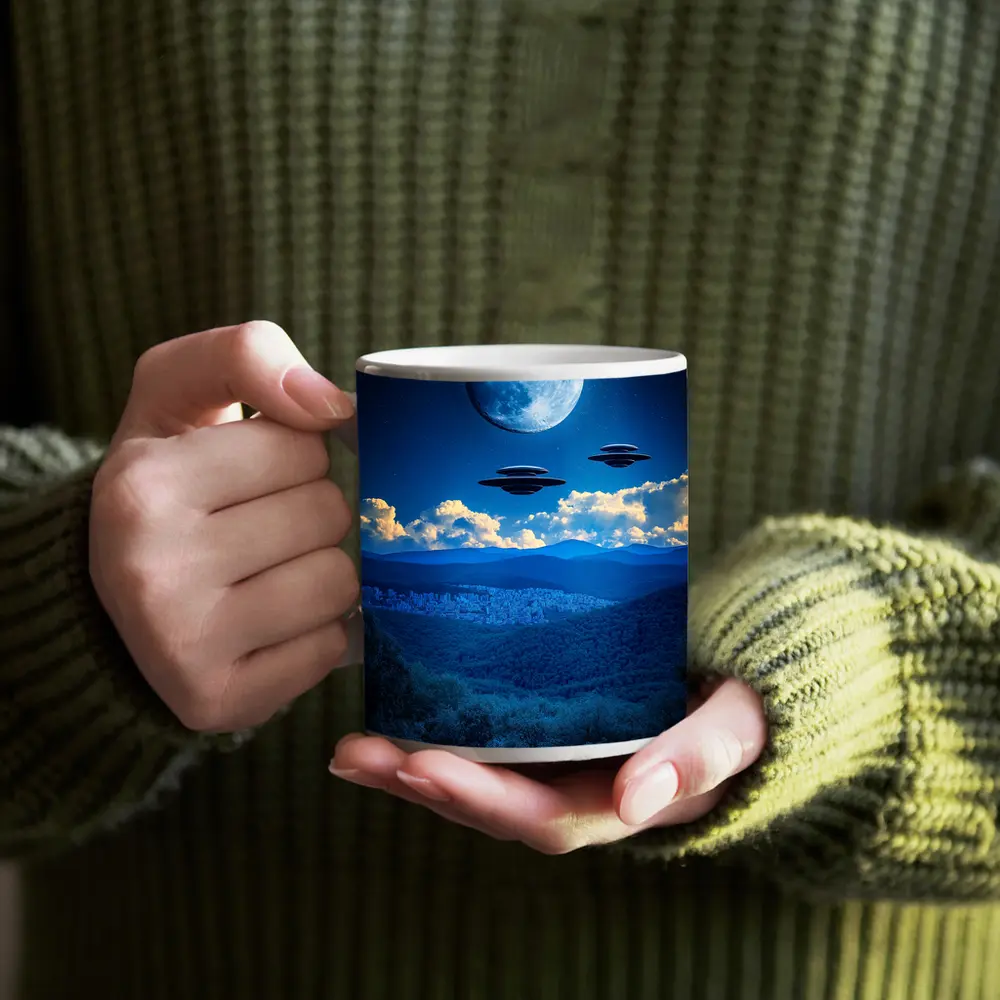 UFO Flying Saucers Over Moonlit Mountain Forest – Mugs