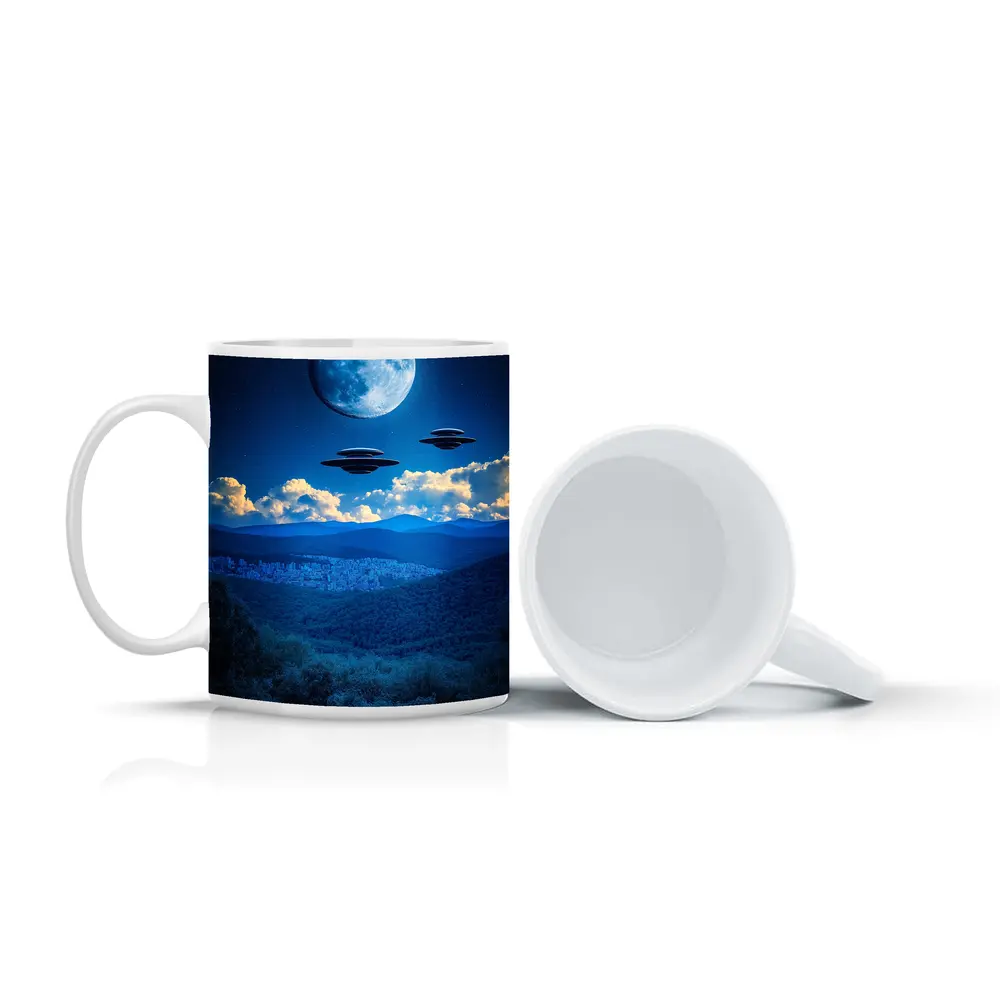 UFO Flying Saucers Over Moonlit Mountain Forest – Mugs