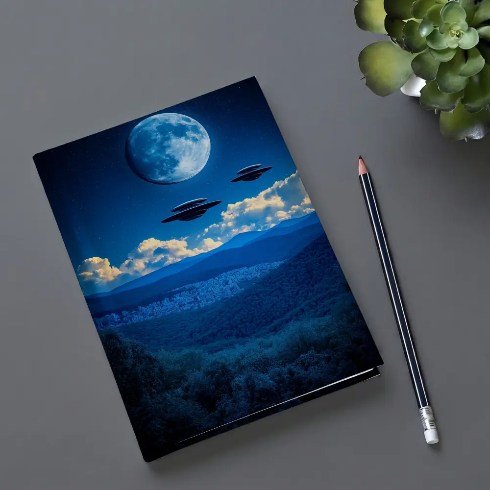 UFO Flying Saucers Over Moonlit Mountain Forest – Notebooks