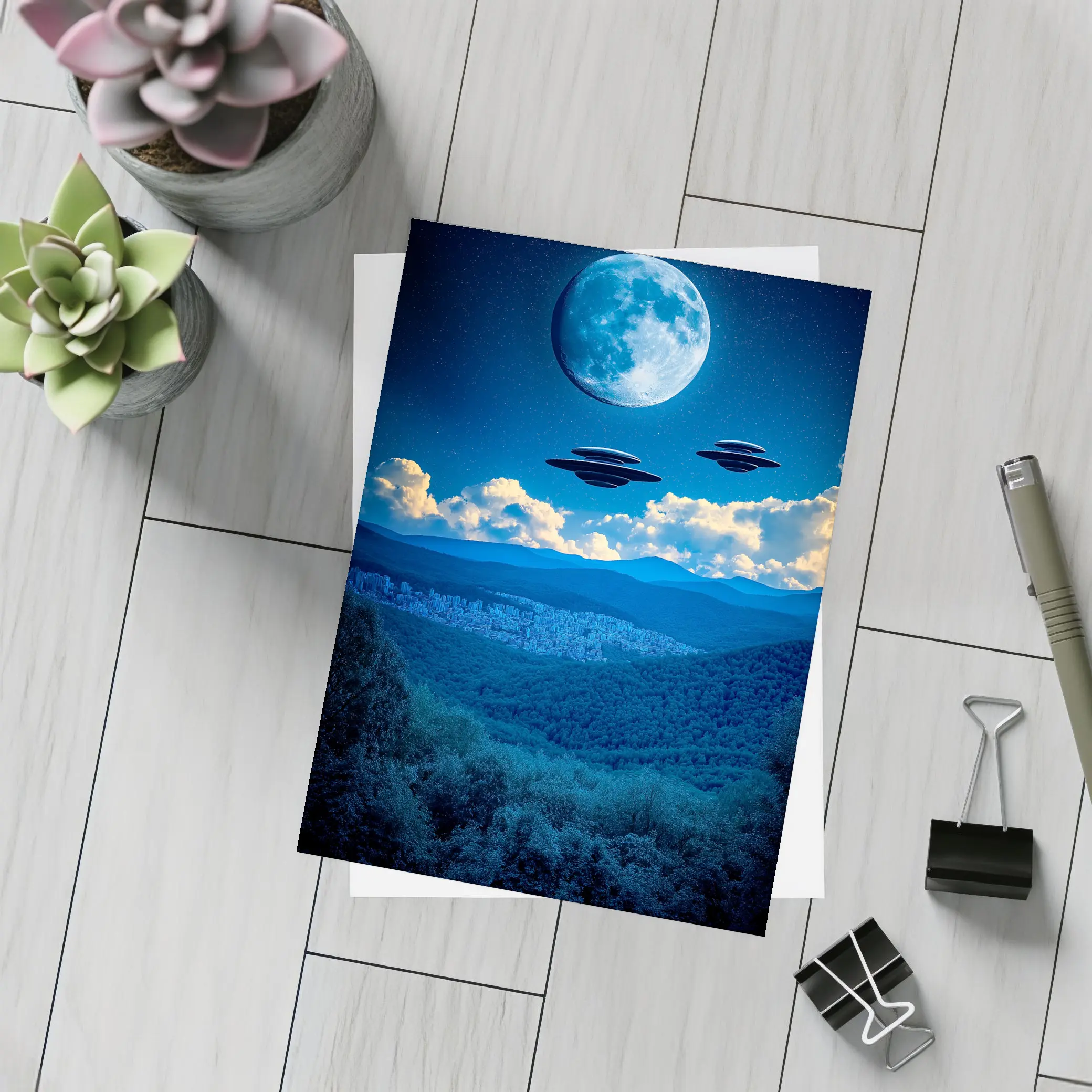 UFO Flying Saucers Over Moonlit Mountain Forest – Postcards