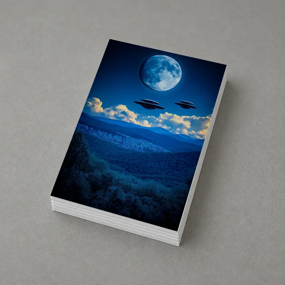 UFO Flying Saucers Over Moonlit Mountain Forest – Postcards