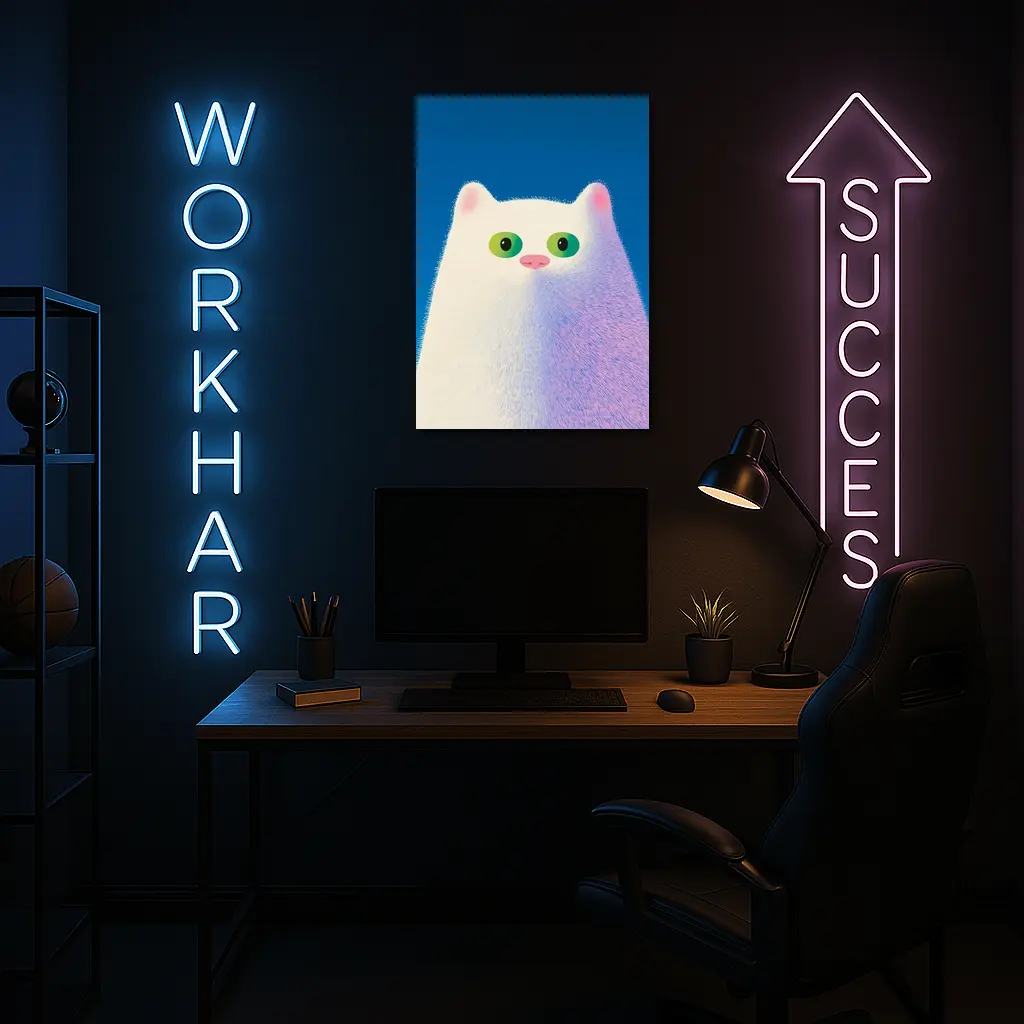 Fluffy White Cat Green Eyes Blue Background – Wall Art
