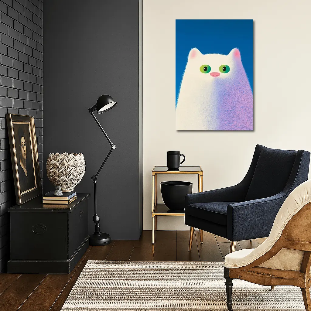 Fluffy White Cat Green Eyes Blue Background – Wall Art