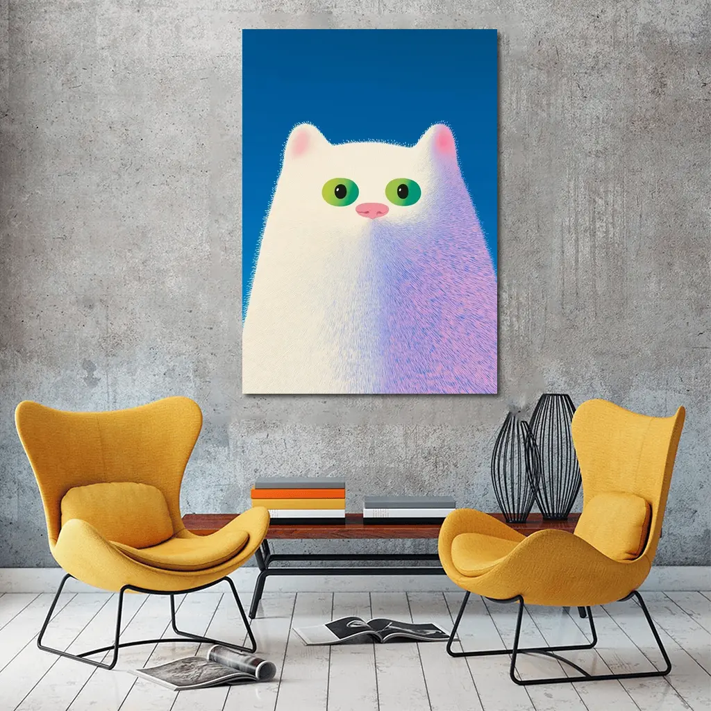Fluffy White Cat Green Eyes Blue Background – Wall Art