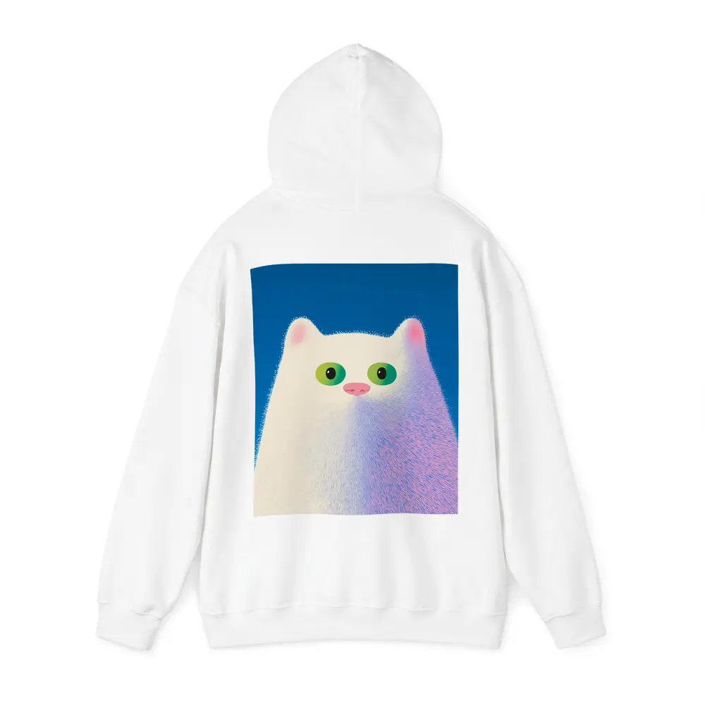 Fluffy White Cat Green Eyes Blue Background – Hoodies