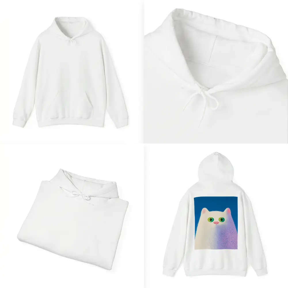 Fluffy White Cat Green Eyes Blue Background – Hoodies