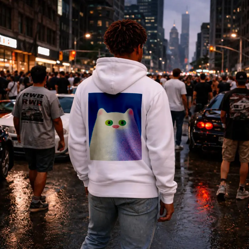 Fluffy White Cat Green Eyes Blue Background – Hoodies