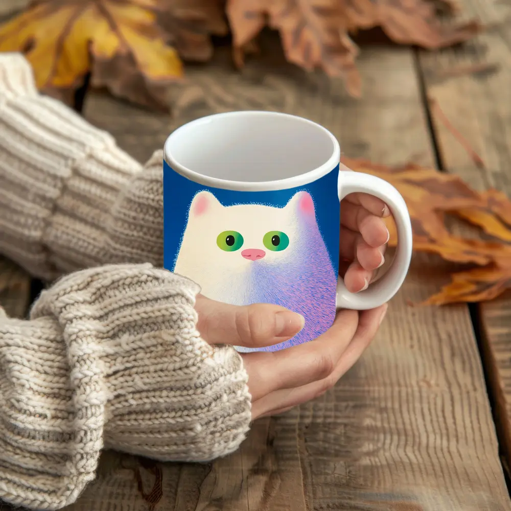 Fluffy White Cat Green Eyes Blue Background – Mugs