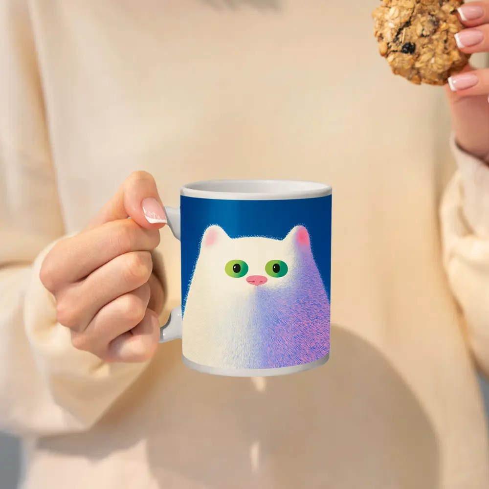 Fluffy White Cat Green Eyes Blue Background – Mugs