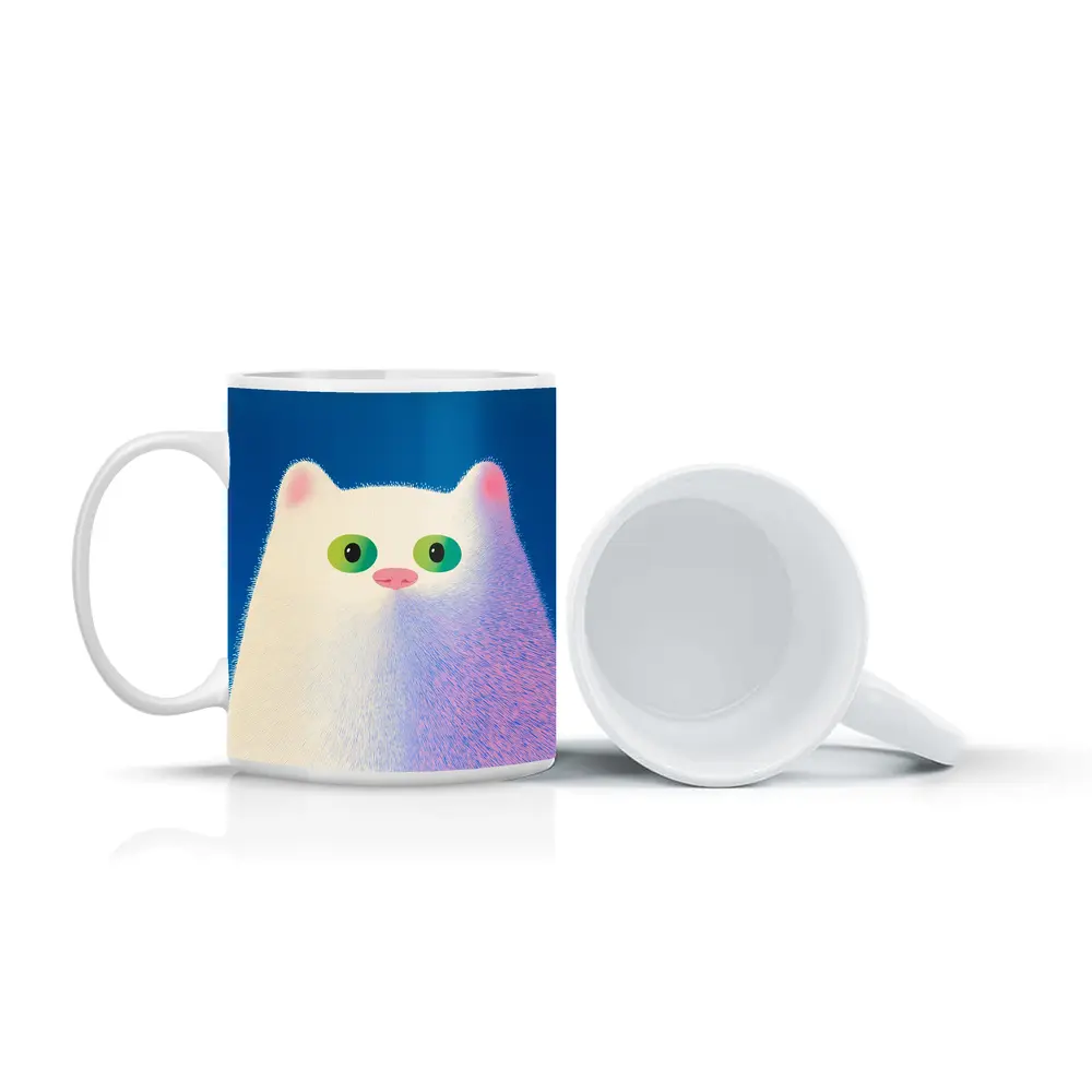 Fluffy White Cat Green Eyes Blue Background – Mugs