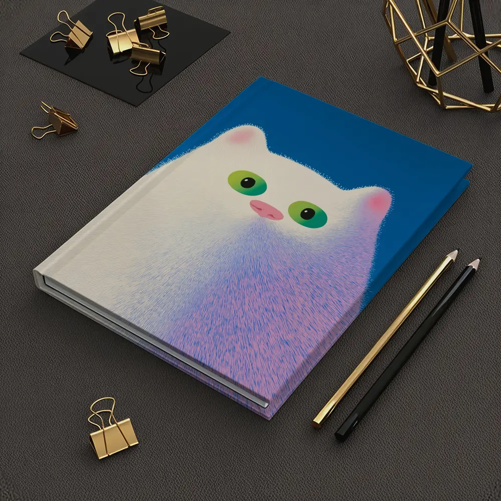 Fluffy White Cat Green Eyes Blue Background – Notebooks
