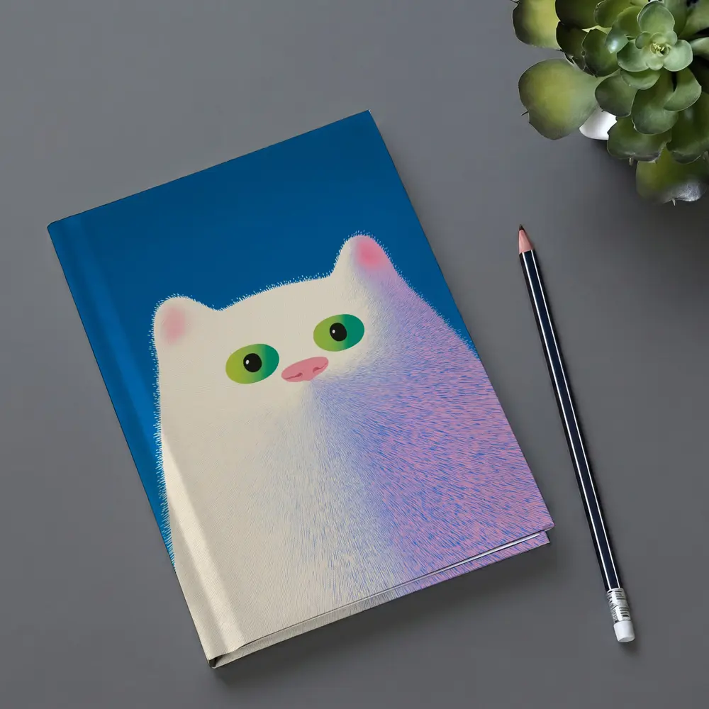 Fluffy White Cat Green Eyes Blue Background – Notebooks