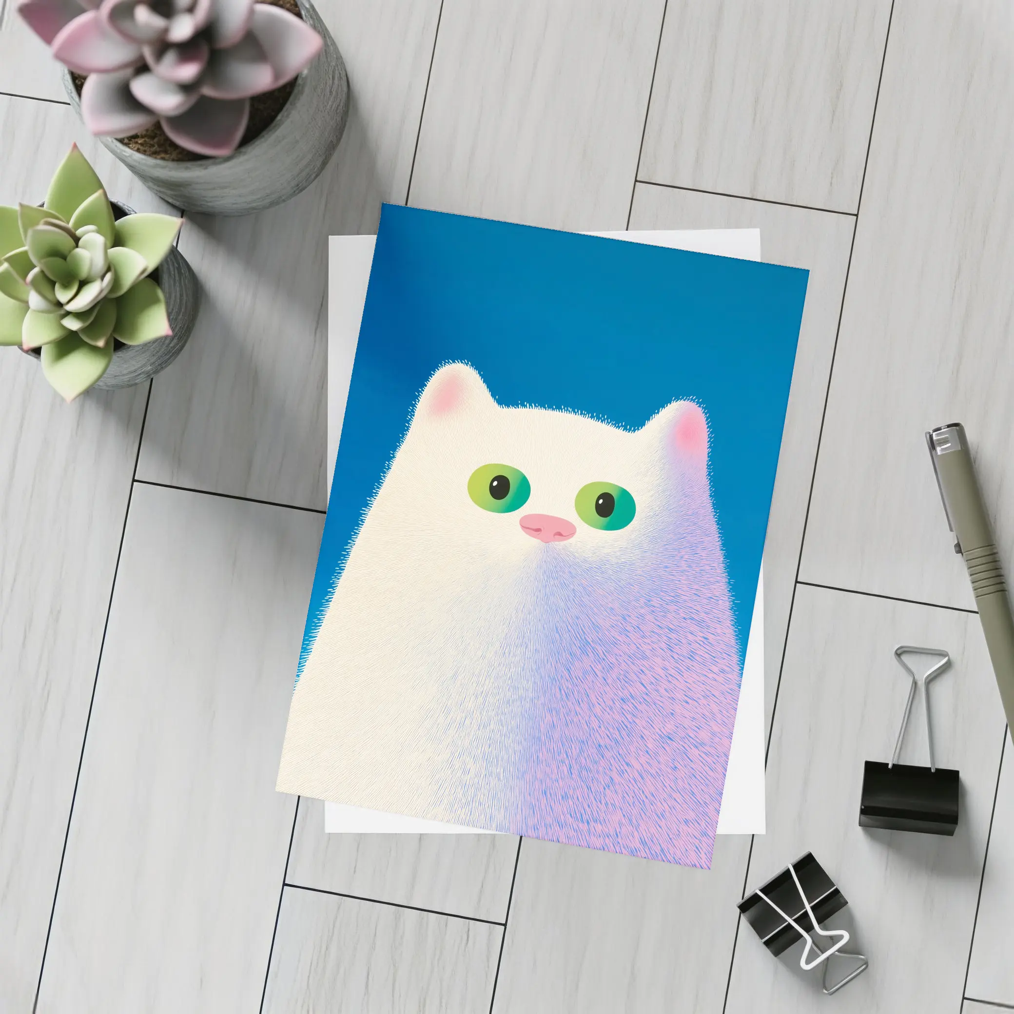 Fluffy White Cat Green Eyes Blue Background – Postcards