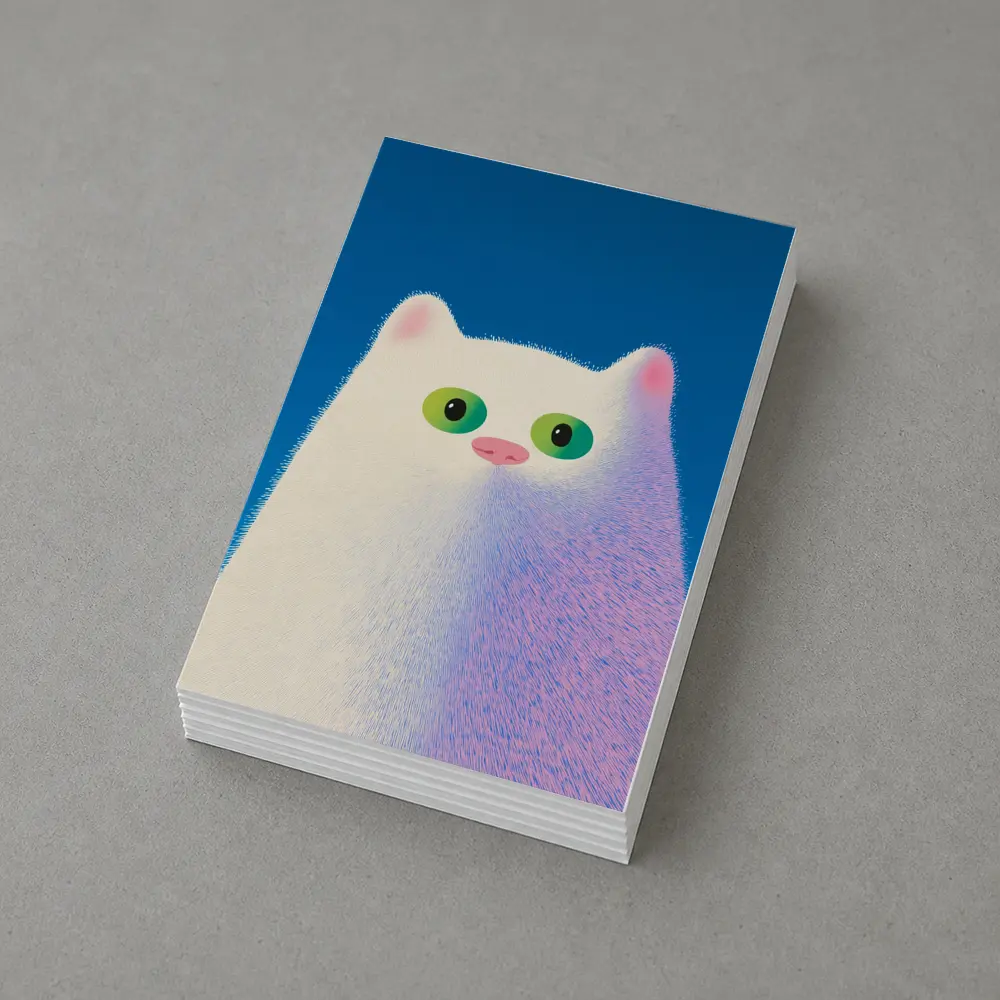 Fluffy White Cat Green Eyes Blue Background – Postcards