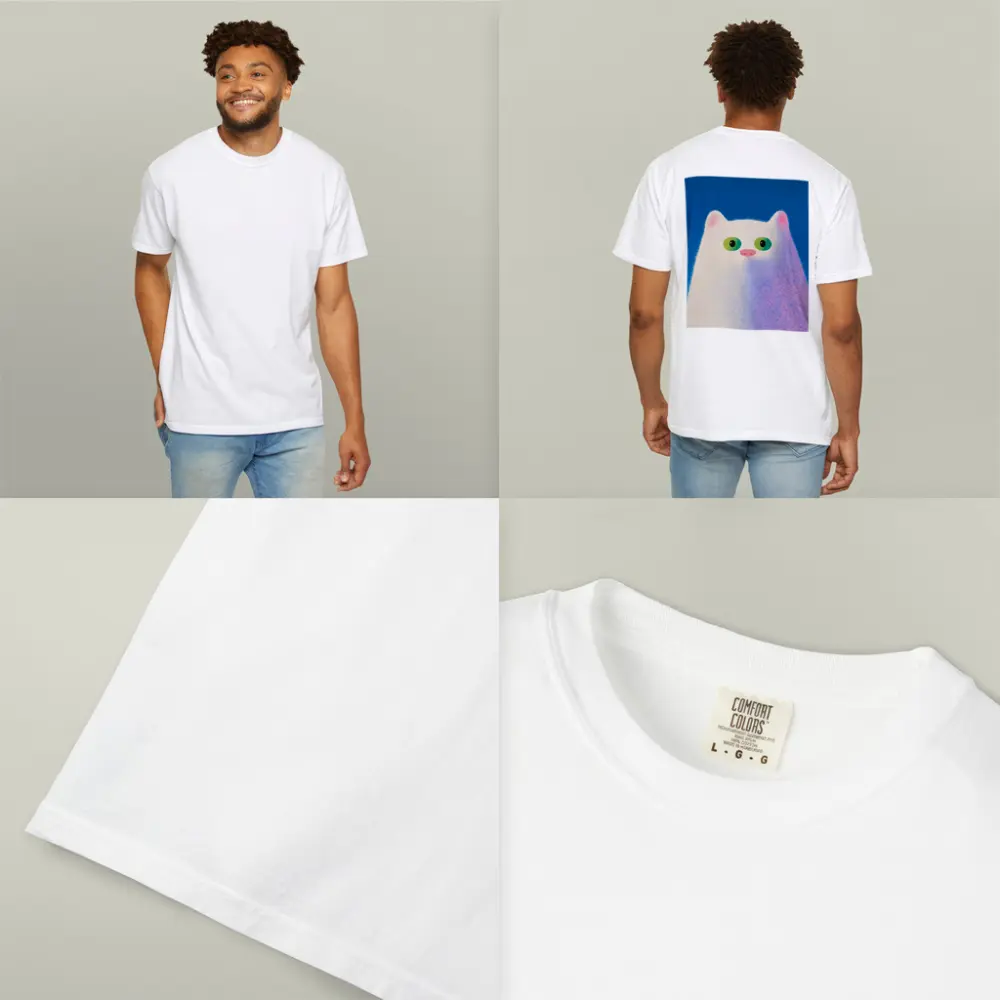 Fluffy White Cat Green Eyes Blue Background – T-Shirts