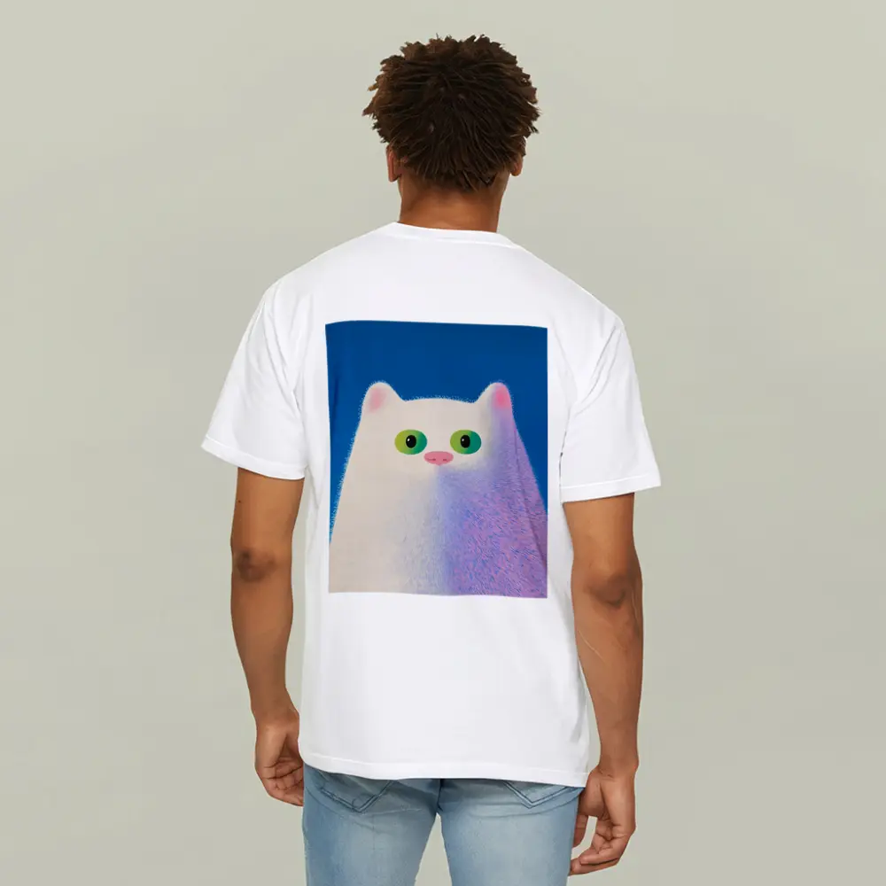 Fluffy White Cat Green Eyes Blue Background – T-Shirts