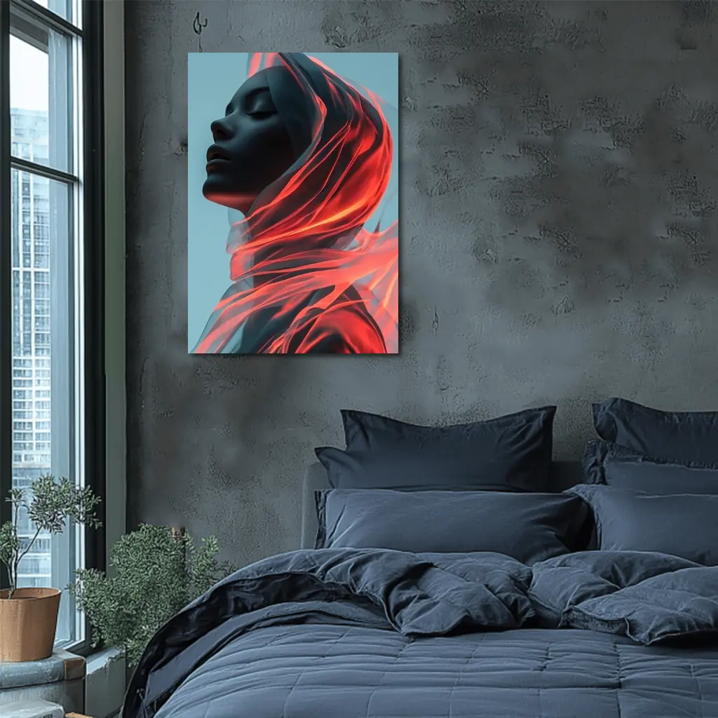 Dark Female Figure Red Flowing Veil Art – Wall Art