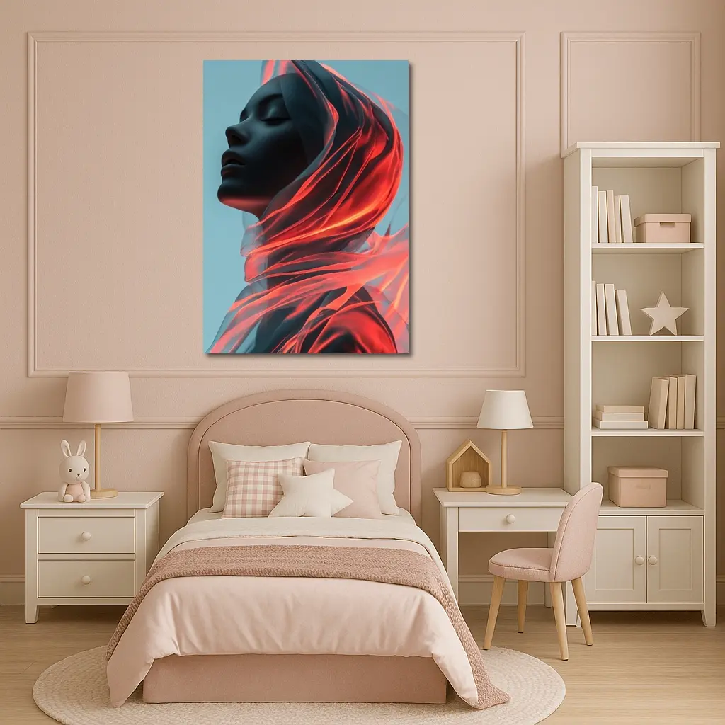 Dark Female Figure Red Flowing Veil Art – Wall Art