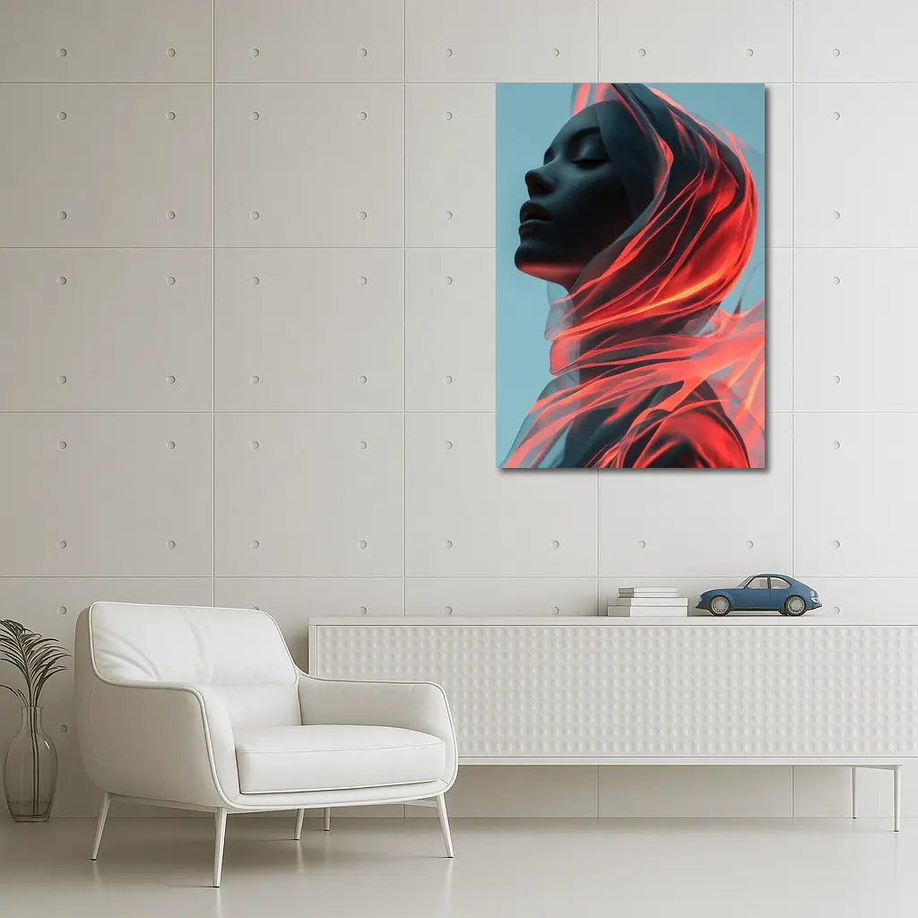Dark Female Figure Red Flowing Veil Art – Wall Art
