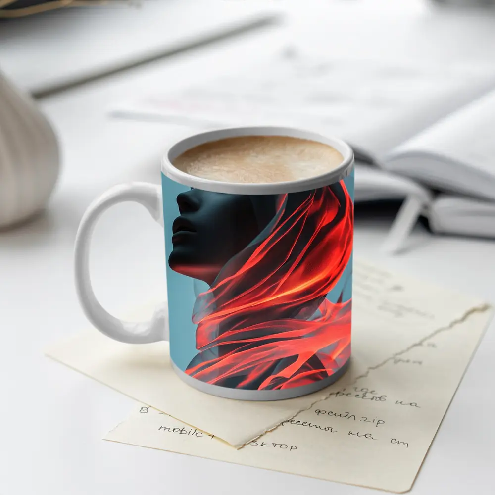 Dark Female Figure Red Flowing Veil Art – Mugs