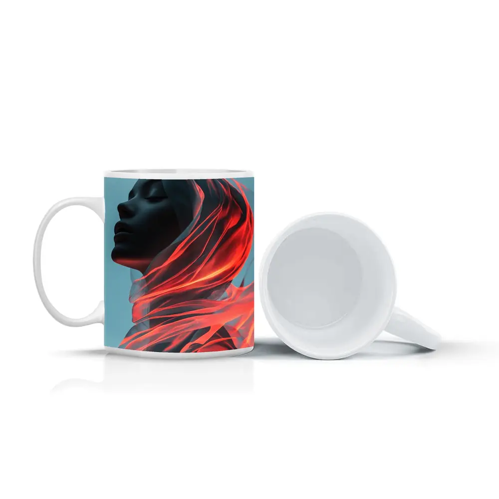 Dark Female Figure Red Flowing Veil Art – Mugs