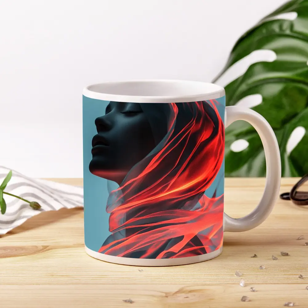 Dark Female Figure Red Flowing Veil Art – Mugs