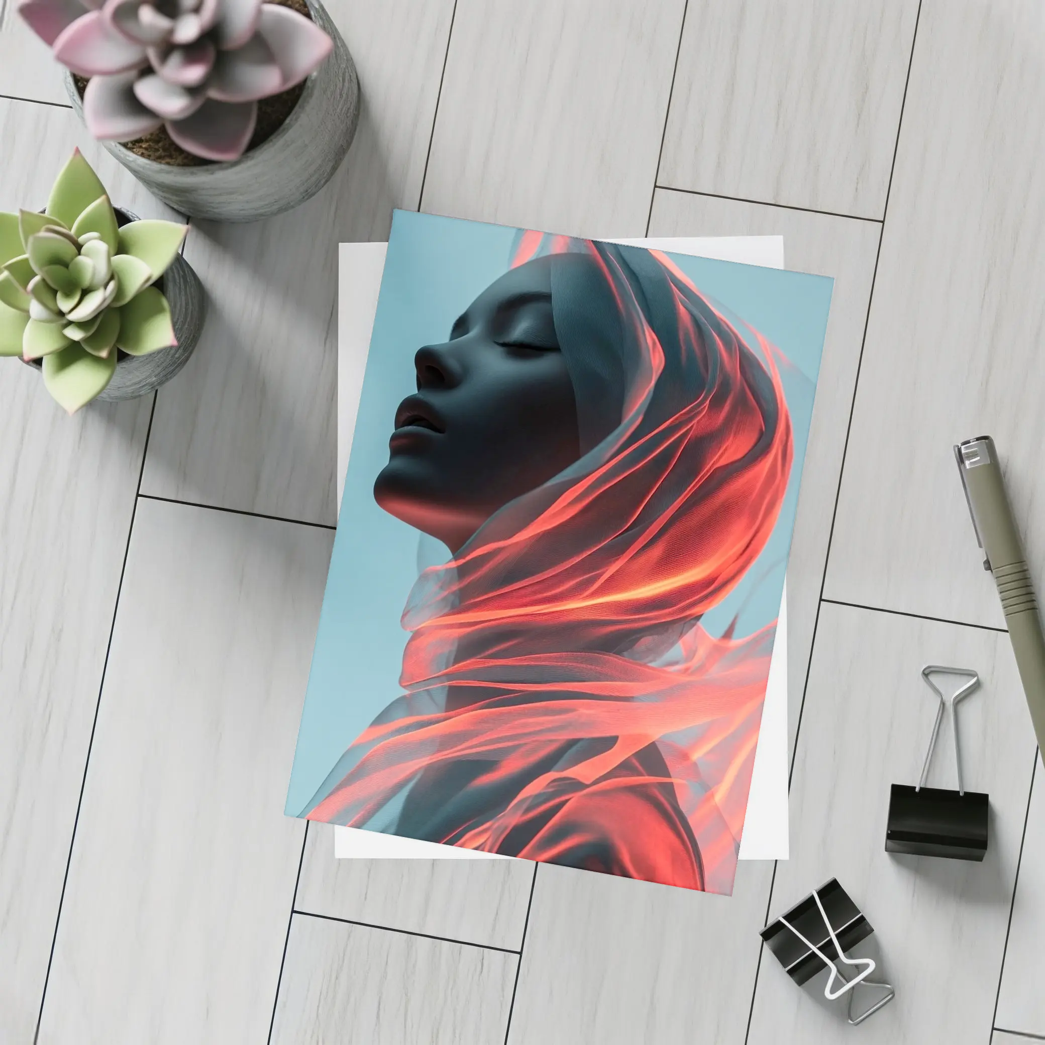Dark Female Figure Red Flowing Veil Art – Postcards