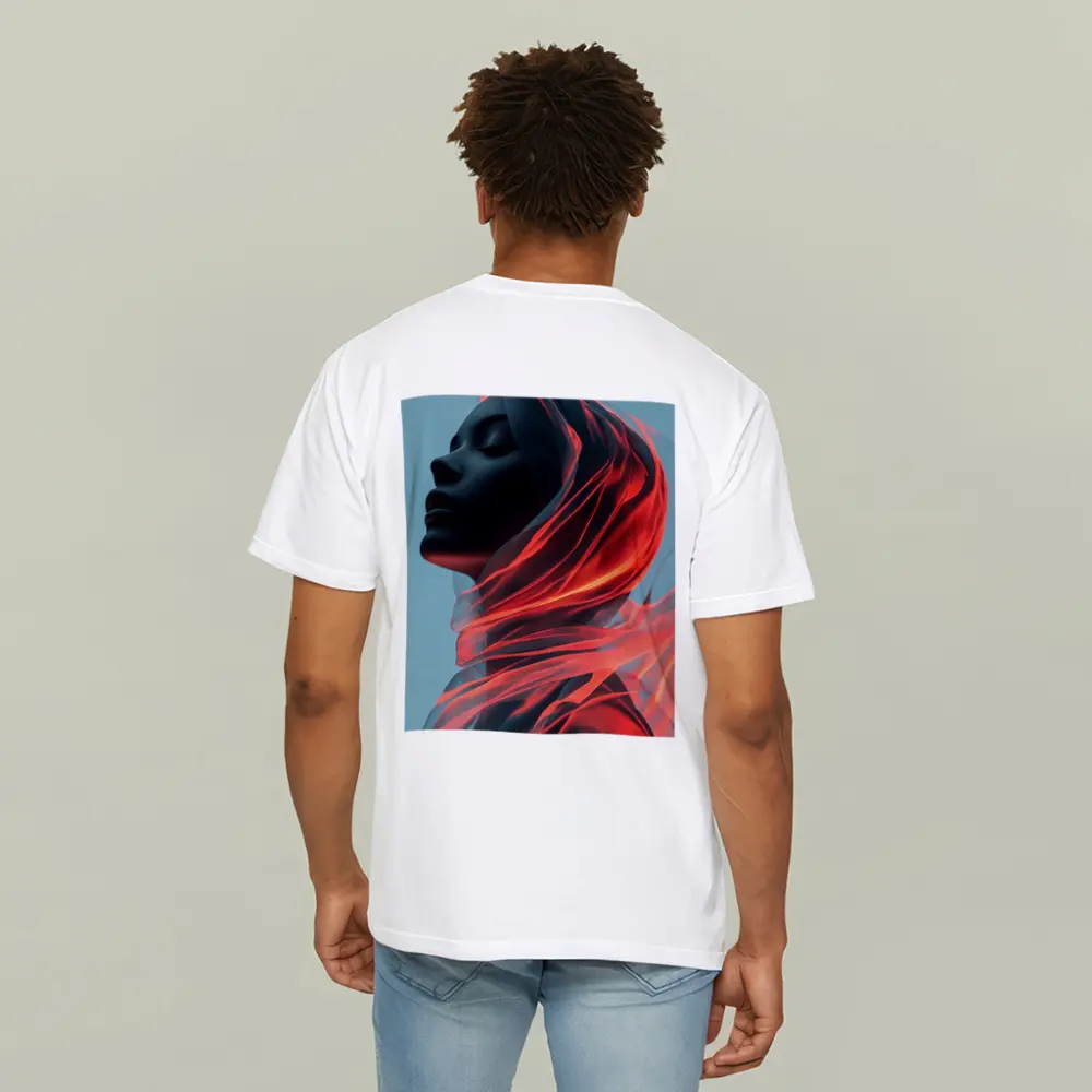 Dark Female Figure Red Flowing Veil Art – T-Shirts